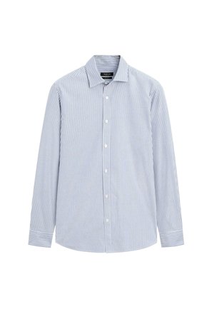 Herres langærmet skjorte i lyseblå med hvide lodrette striber, knaplukket krave og manchetter med matchende stribede detaljer.