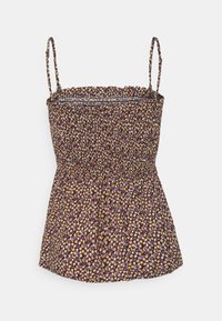 Květinový top na ramínka s tenkými nastavitelnými popruhy, nařaseným výstřihem a elastickým pasem. Vícebarevný potisk na tmavě hnědém pozadí.