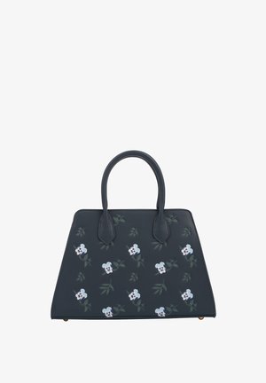 Mørkeblå lædertaske med en struktureret form, prydet med blomsterbroderi i lys blå og hvid, dobbelte håndtag og flad bund.