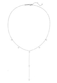 Collier en chaîne argentée présentant un design en forme de Y avec quatre petits accents en forme d'étoile et une chaîne pendante ornée d'une étoile centrale.