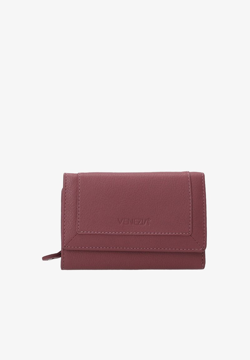 Burgundy leather wallet with a textured finish, featuring a fold-over flap and subtly embossed logo. Compact rectangular shape.