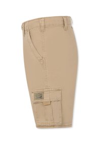 Pantaloni cargo beige con taglio dritto, dotati di tasca laterale, passanti per cintura e un tessuto testurizzato. Nessun motivo o accento visibile.