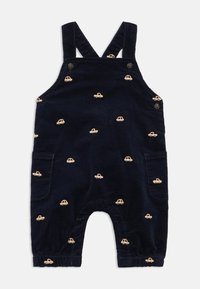 Mornarsko modri otroški žametni kombinezon z bež vezenimi vzorci avtomobilov, z gumbi na naramnicah in stranskimi žepi.