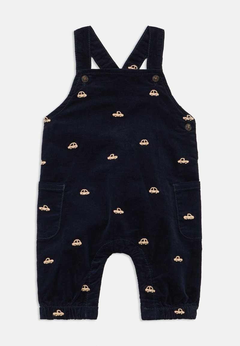 Mornarsko modri otroški žametni kombinezon z bež vezenimi vzorci avtomobilov, z gumbi na naramnicah in stranskimi žepi.