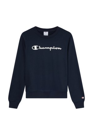Felpa blu navy in cotone, con logo "Champion" bianco sul petto e dettaglio con marchio sul polsino. Girocollo, maniche lunghe.