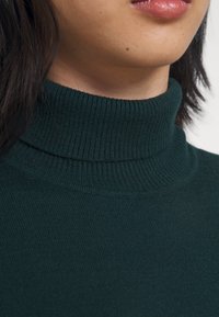 Pull à col roulé vert foncé avec texture côtelée, col haut et tissu lisse, vue en gros plan de la zone du col.