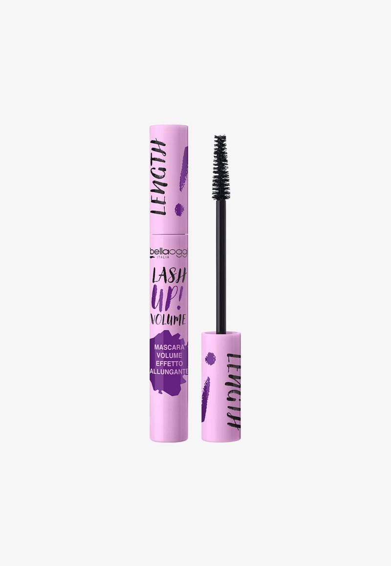 Tubetto di mascara viola e rosa con finitura testurizzata; presenta una scritta nera in grassetto e un applicatore a scovolo nero accanto.