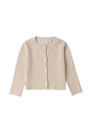 Cardigan lavorato a maglia beige con scollatura tonda, maniche lunghe e cinque bottoni decorativi a forma di fiore. Dettagli di punto testurizzato all'orlo.