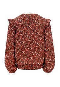 Bloes met bloemenprint en ruches op de schouders, in tinten van rood, oranje en crème. Heeft een elastische taille en lange, puffed mouwen.