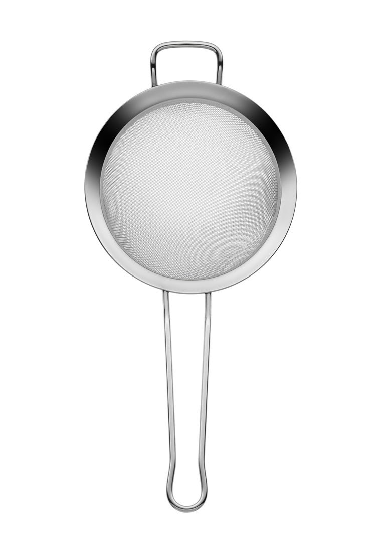 Colino in acciaio inossidabile con forma rotonda, manico in filo e rete fine per il filtraggio. Finitura liscia e lucida senza dettagli aggiuntivi.