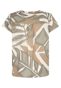 Top a maniche corte in tessuto leggero con un motivo astratto a foglia in tonalità terrene di verde, beige e bianco. Vestibilità rilassata, scollatura rotonda.