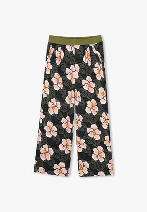 Pantalons à jambe larges avec une ceinture élastique verte, fond noir et motif floral rose avec des feuilles vertes.