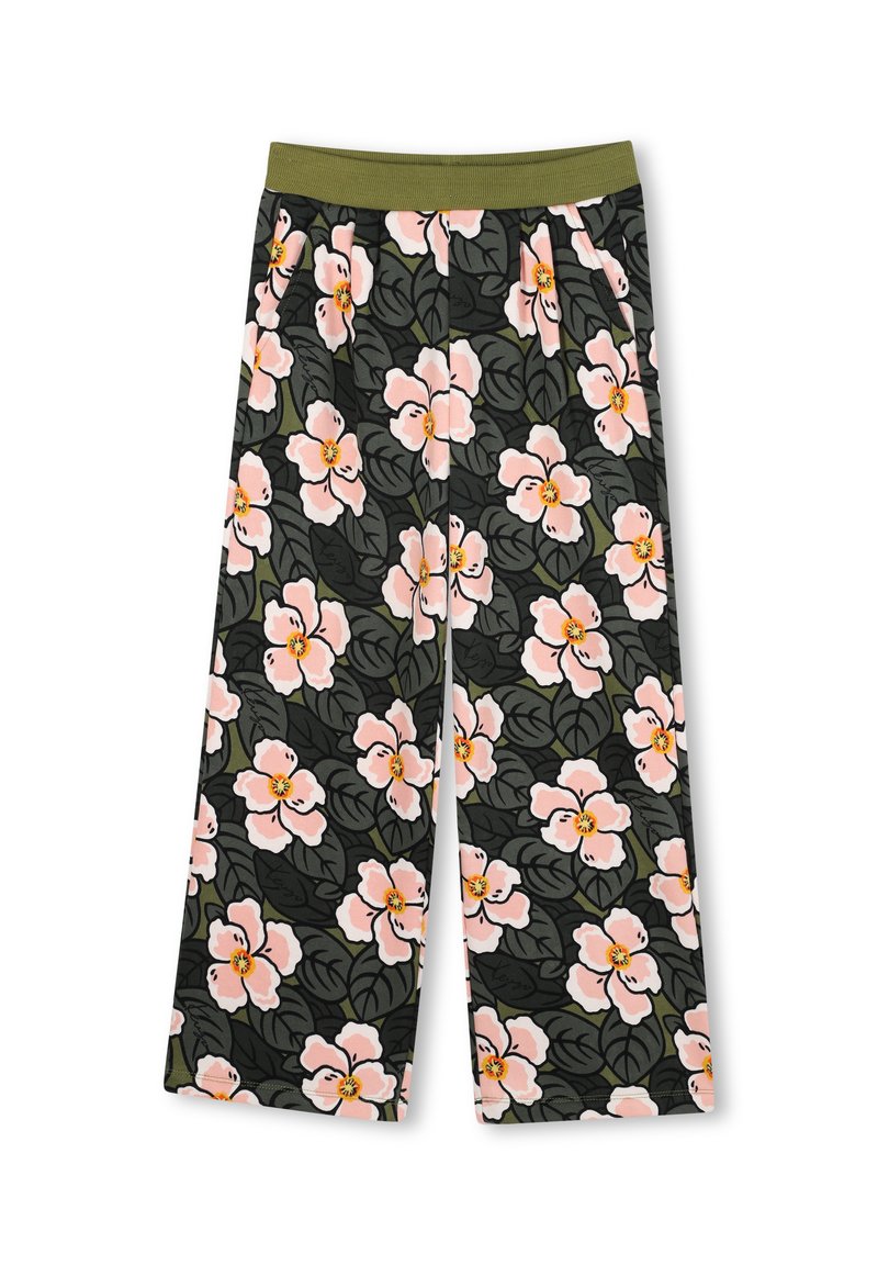 Wijde broek met groene elastische tailleband, zwarte achtergrond en roze bloemenpatroon met groene bladeren.