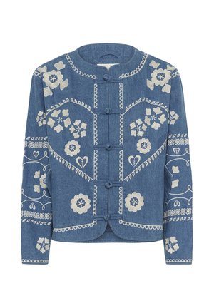 Džinsinis švarkas su gėlių siuvinėjimu kremine spalva, penki priekiniai mygtukai, apvalus iškirpimas ir trumpas hemline su detaliomis siuvimo raštais.