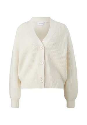 Cremfarbener, verkürzter Cardigan mit V-Ausschnitt, vier Knopfverschlüssen, geripptem Muster und überschnittenen Schultern. Weiches, gestricktes Material.