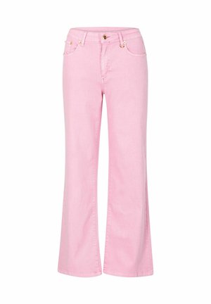 Rózsaszín farmervászon bővülő nadrág közepes derékkal, arany színű fémes kiegészítőkkel és elülső zsebekkel. Sima textúra, klasszikus sziluett.