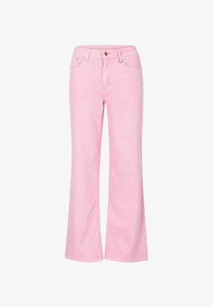 Roze spijkerbroeken met wijde pijpen en een taille op normale hoogte, gouden accenten en voorzakken. Soepele textuur met een klassieke uitstraling.