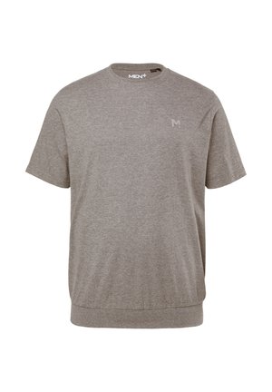 Graues Herren-T-Shirt aus Baumwolle. Kurze Ärmel, runder Halsauschnitt und ein dezentes "M"-Logo auf der Brust. Weicher Stoff und lockere Passform.