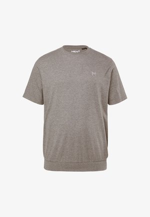 Graues Herren-T-Shirt aus Baumwolle. Kurze Ärmel, runder Halsauschnitt und ein dezentes "M"-Logo auf der Brust. Weicher Stoff und lockere Passform.