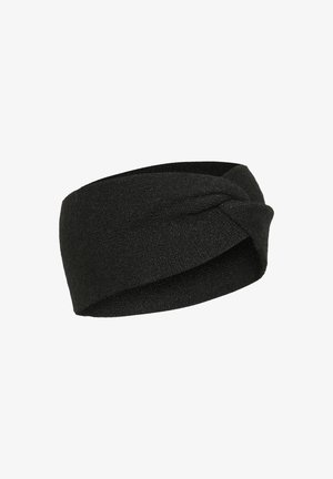 Black fabric headband with a twisted knot design. The textured material is stretchy and smooth, suitable for various hairstyles.