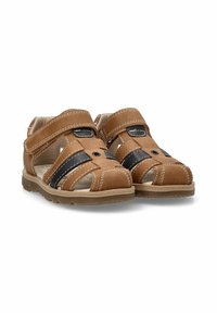 Sandalias de cuero color marrón con un diseño abierto, dos rayas negras, correas de Velcro ajustables y una suela texturizada para mayor agarre.