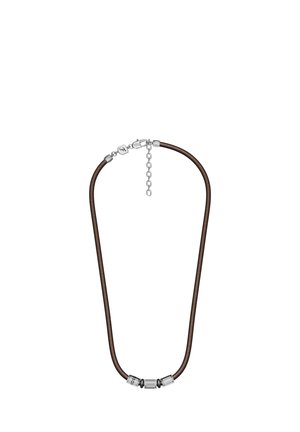 Braune Lederkette mit silbernem Verschluss und drei dekorativen silbernen und schwarzen Perlen nahe der Mitte.