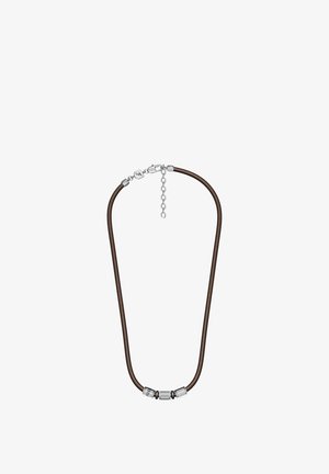 Brown leather necklace with silver clasp and three decorative silver and black beads near the center.