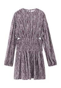 Obleka s smokami globoko vijolične barve z belimi navpičnimi črtami, dolgimi rokavi, okroglim izrezom in razširjenim krilom. Mehka tkanina.