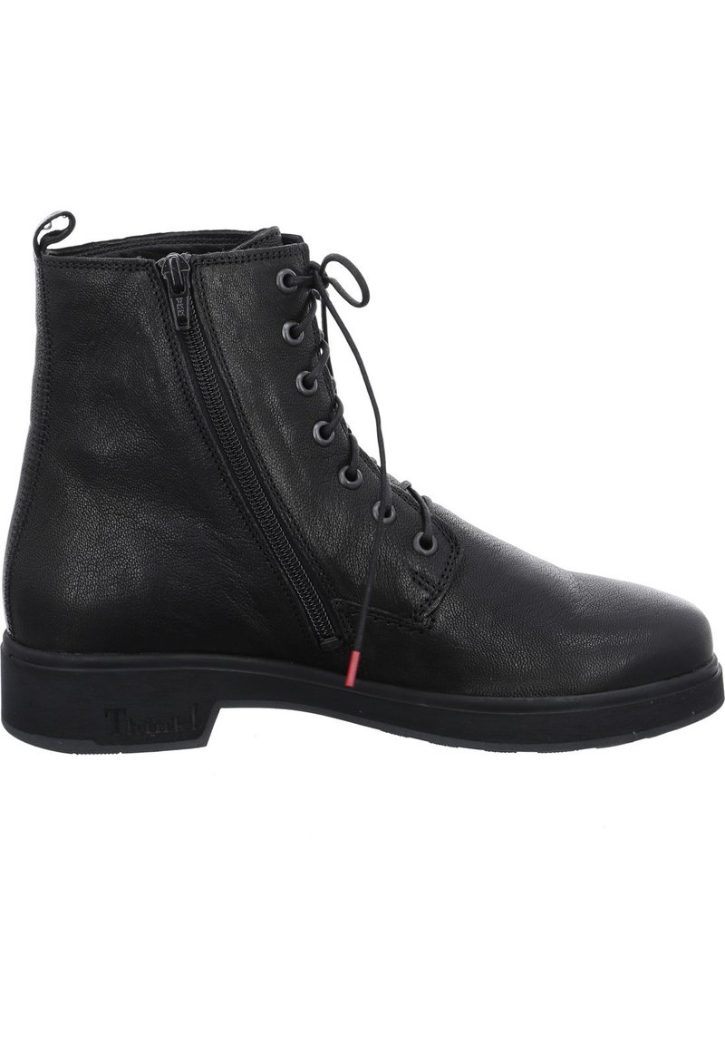 Black leather ankle boot with a smooth texture, featuring a front lace-up design and side zipper. Sturdy black sole with red accent.