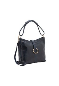 Borsa a mano in pelle blu navy con una texture liscia, dotata di un accento in oro sulla chiusura, un manico corto e una tracolla rimovibile.