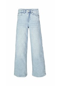 Lichtblauwe wijde jeans van denim, met een hoge taille, klassiek ontwerp met vijf zakken en een onafgewerkte zoom voor een ontspannen pasvorm.