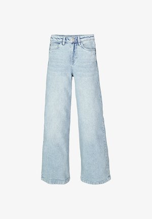 Vaqueros de pierna ancha en azul claro, confeccionados en denim, con cintura alta, diseño clásico de cinco bolsillos y dobladillo sin rematar para un ajuste relajado.