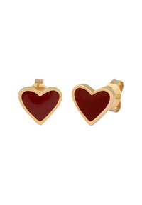 Boucles d'oreilles en forme de cœur dorées avec des centres en émail rouge. Texture lisse avec une finition brillante, avec un maintien sécurisé pour un port confortable.
