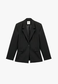 Sort skræddersyet blazer lavet af struktureret stof, med brystlapel, enkelt knaplukning og to forlommer.