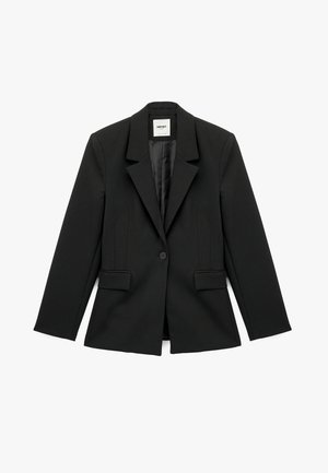 Blazer negro ajustado hecho de tejido estructurado, con solapa de muesca, cierre de botón único y dos bolsillos frontales.