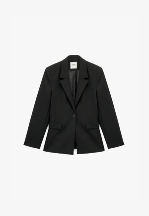 Schwarze taillierte Blazer aus strukturiertem Stoff, mit einem Reverskragen, einer Knopfverschluss und zwei frontalen Taschen.