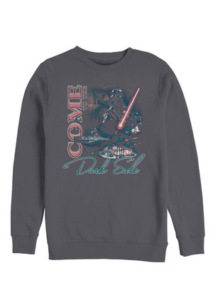 Felpa grigio scuro con Darth Vader che tiene una spada laser rossa e testo "Benvenuto nel Lato Oscuro" in carattere stilizzato sul davanti.