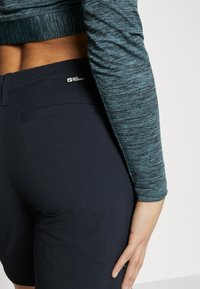 Shorts bleu foncé ajustés avec une texture lisse, présentant un petit logo sur la poche arrière et un gros plan d'un haut à manches longues teal.