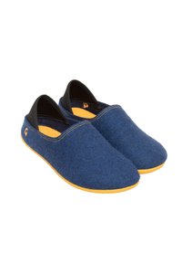 Blue felt slip-on shoes with black accents, yellow rubber outsole, rounded toe, and stitched detail along the upper edge.