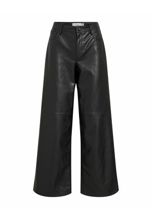 Schwarze Leder-Hosen im weiten Schnitt mit glatter Textur, ausgestattet mit Vorderaschen, einem Knopfverschluss und Nahtdetails entlang der Beine.