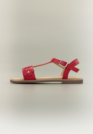 Rød flad sandal med ankelsnor, spænde og blomsterdekoration på tåremmen, vist på en neutral baggrund.