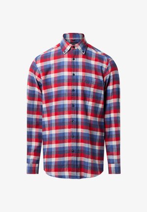 Rood, blauw en wit geruite overhemden met lange mouwen, voorzien van een button-down kraag, een borstzak en zwarte knopen. Zachte textuur van de stof.