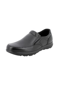 Scarpa slip-on nera in pelle con finitura liscia. Presenta una punta arrotondata, pannelli elastici laterali e una suola in gomma testurizzata per una migliore aderenza.