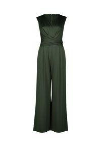 Green, sleeveless jumpsuit with a V-neck, twisted waist detail, and wide legs. Made from smooth fabric with a subtle sheen.
