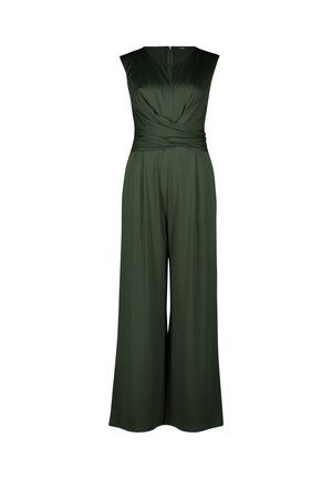 Tutina verde senza maniche con scollatura a V, dettaglio della vita torsionata e gambe ampie. Realizzata in tessuto liscio con una leggera lucentezza.