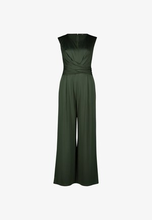 Groene, mouwloze jumpsuit met een V-hals, gedraaid taille detail en wijde pijpen. Gemaakt van een zachte stof met een subtiele glans.