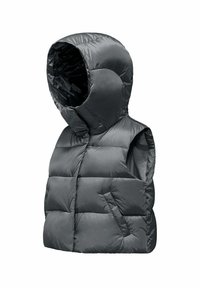 Gilet nero imbottito con cappuccio, caratterizzato da un design trapuntato e tasca frontale, realizzato in materiale liscio e lucido con un aspetto leggero e isolato.