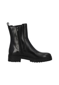 Bota de cuero negro hasta el tobillo con un acabado suave, cremallera lateral y suela de goma gruesa. Cuenta con una asa para facilitar el calzado.