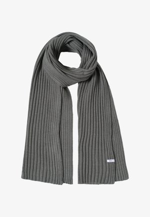 Gray ribbed knit scarf with a soft texture, featuring a subtle brand label on one end. Length allows for versatile styling and warmth.