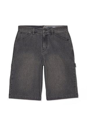 Shorts en denim noir pour hommes avec poches avant, passants de ceinture et fermeture par bouton, présentés à plat sur un fond blanc.